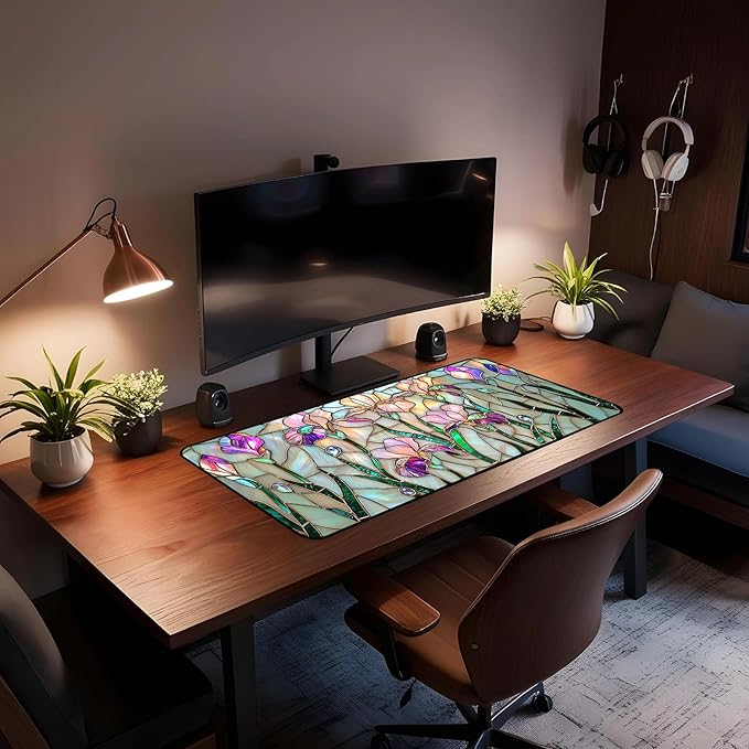 Colorful Flower Desk Mat Mouse Pad XXL, Plant Extended Large Game Desk Mouse Pads, Desktop Mat Computer Laptop Keyboard Mat, Women's Desk Protector Mat,Desk Matte Office 31.5"X15.7"
