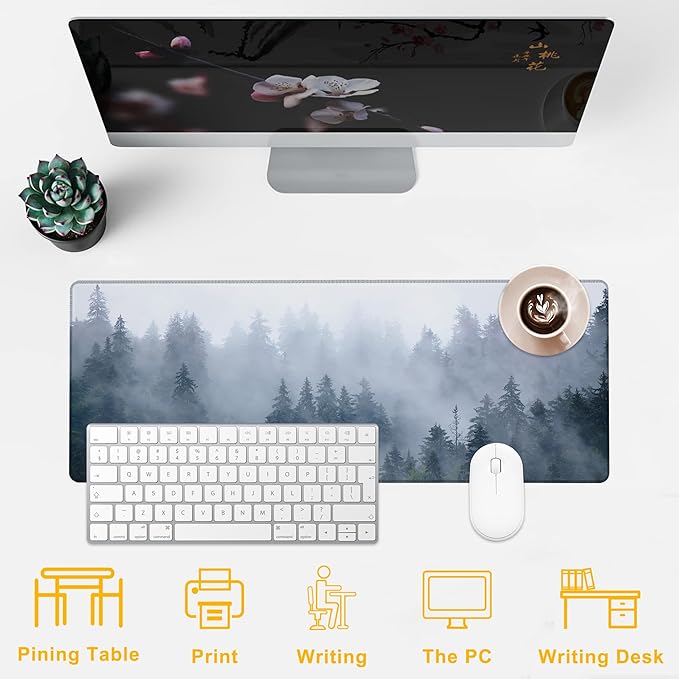 Desk Mat Misty Forest Desk Pad for Keyboard and Mouse, Large Mousepad with Stitched Edges for Work Game Office, 31.5 x 11.8 in