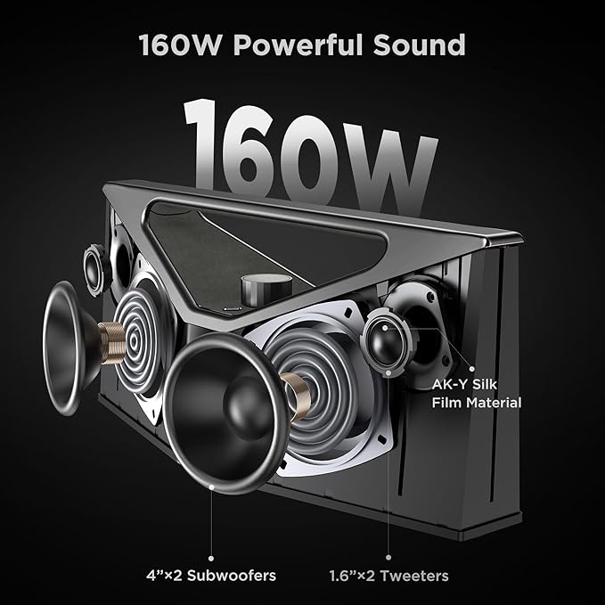 BUGANI Hi-Res Audio Bluetooth Speaker Loud 160W, Large Portable Bluetooth Speaker with Deep Bass Subwoofer, TWS Wireless Stereo, Waterproof Outdoor Party Speaker, 12H Playtime Gray