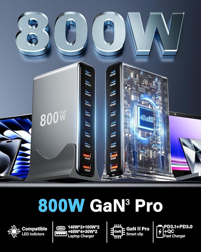 800W USB C Fast Charger Block, 10 Port USB Charging Station，GaNⅢ Desktop Charger Block, Charging Station Hub，PD 3.1/QC 5.0，for All iPad iPhone 17/16Pro Max/DELL HP MacBook pro, Samsung Galaxy Note