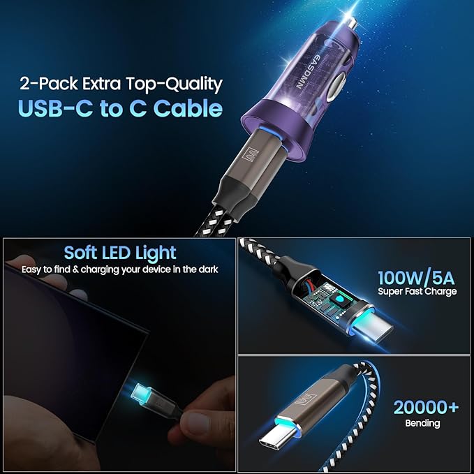 2-Pack 90W USB C Super Fast Car Charger, Dual-Port [PD/PPS 45W & QC 45W] Car Cigarette Lighter USB Charger Adaper for Samsung Galaxy S25 Ultra/S25+/S24 Ultra/S23+/S22,Note 20,Tab S9, iPhone 15(Violet)