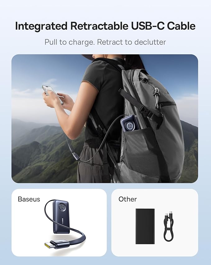 Baseus Enercore Power Bank, 20000mAh Fast Charging Portable Charger Built-in 67W Retractable USB-C Cable, Battery Pack for Laptop, iPhone 16/15 Series, Samsung, MacBook, Drone, Outing/Travel Essential