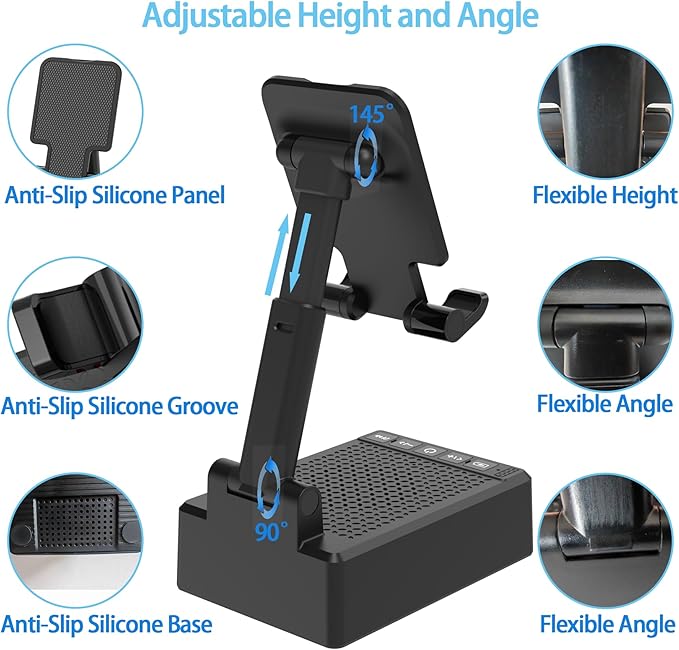 Gifts for Men Him Dad Women, Cell Phone Stand with Wireless Bluetooth Speaker and Anti-Slip Base HD Surround Sound Perfect for Kitchen with Bluetooth Speakers for Desk Compatible with iPhone Speaker