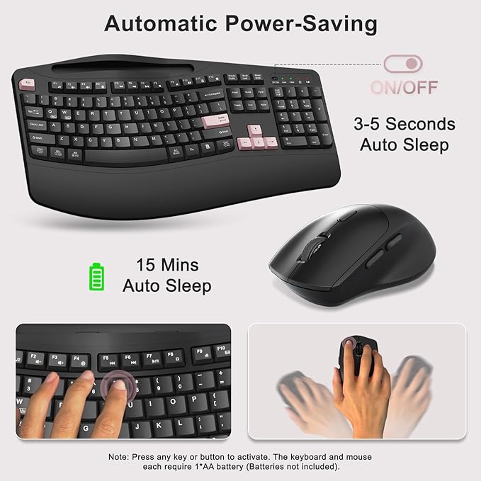 Wireless Keyboard and Mouse Combo, 2.4G Full Size Wave Keys Ergonomic Keyboard with Wrist Rest, Phone Holder, 3-Level DPI Wireless Silent Mouse with 6-Buttons, for Windows (Pink)