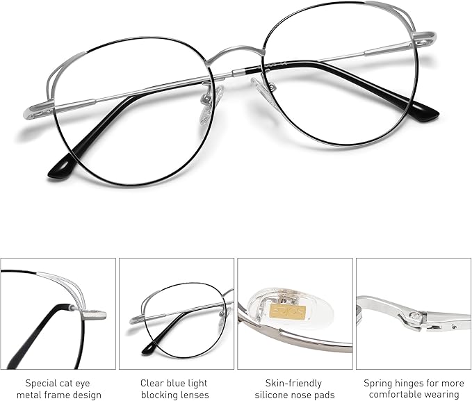 SOJOS Cat Eye Blue Light Blocking Glasses for Woman Hipster Metal Frame Womens Eyeglasses She Young SJ5027