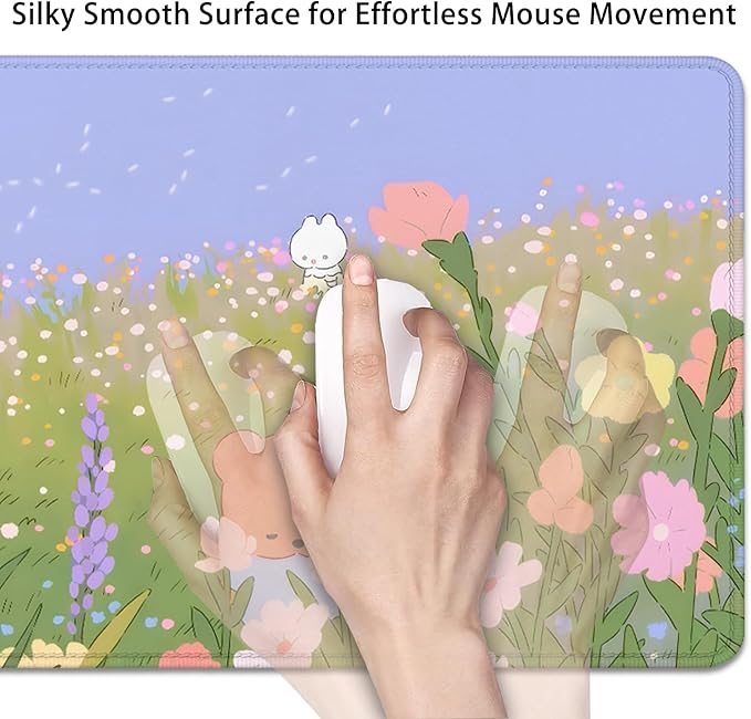Flower Desk Pad Mouse Pad，Large Cartoon Cute Mouse Pads with Stitched Edges,Non-Slip Waterproof Rubber Base,Kawaii Nature Desk Mat for Desktop,Keyboard Pad for Office Home Work(27.5X11.8 in)