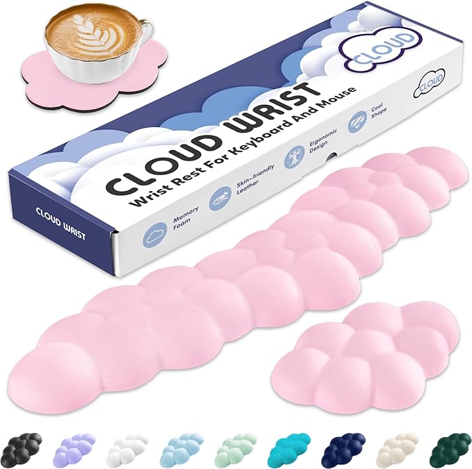 Sushret Cloud Wrist Rest for Keyboard and Mouse, Memory Foam PU Leather Keyboard Wrist Rest with Ergonomic Support, Non-Slip Base, Cute Arm Rest Pad & Palm Cushion, Office Desk Accessory, Pink