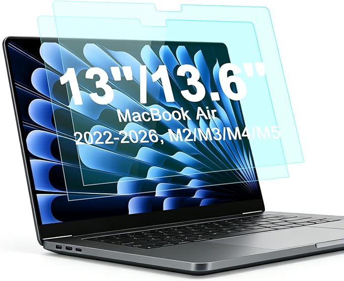 2-Pack Anti Blue Light Screen Protector for MacBook Air 13.6/13 Inch (2022-2026, M2 M3 M4 M5 Chip), Matte Anti Glare Filter Eye Protection Shield for Mac 13.6'', Anti-Scratch Protector