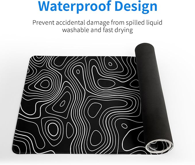 Topographic Contour Gaming Mouse Pad Black Large Mouse Pad for Keyboard and Mousepad Desk Mat with 3mm Non-Slip Base and Stitched Edge for Gaming and Office Computer Mat Protector Mat 27.6x11.8 Inch