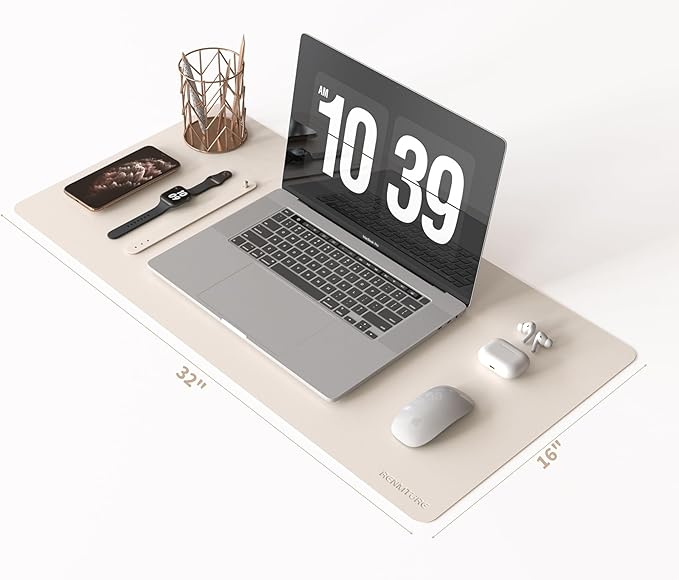 RENMTURE PU Mouse Pad, Faux Leather Large Desk Pad, Home Work Office Accessories, Non-Slip Desk Mat, Waterproof Gaming Pad Desk Blotter (32"x16", Beige)
