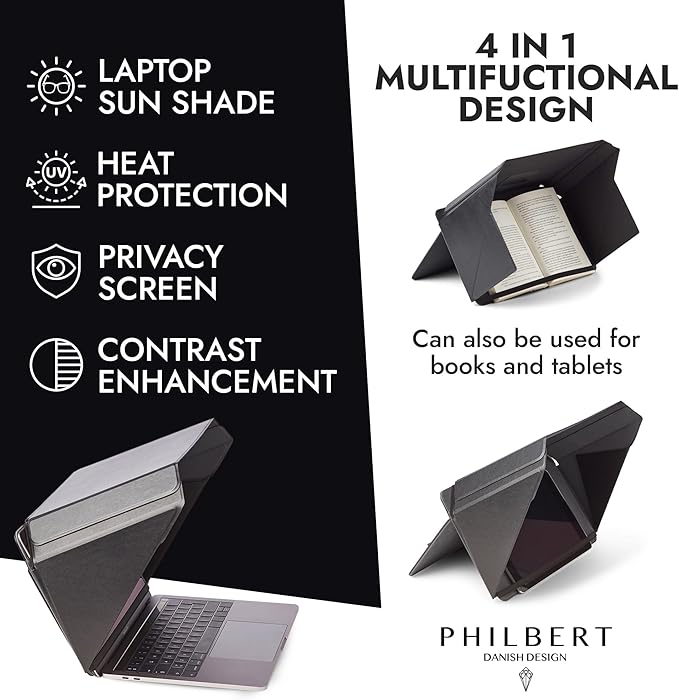 4-in-1 Laptop Screen Shade – Original Lux Hood – Sun, Privacy, Heat & Contrast Protection, Freestanding with Pocket, Fits 15–16” MacBook & PC, Patented, Black | PHILBERT Danish Design