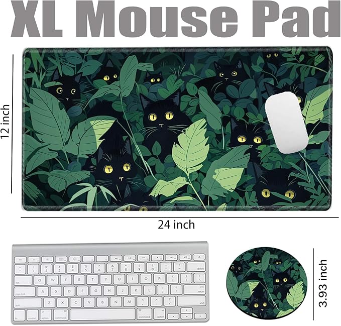 Grass Black Cat Mouse Pad Gaming Desk Mat 24x12 Mousepad XL Desk Pad Long Computer Mat Large Mouse Pads for Wireless Mouse Office Work Women