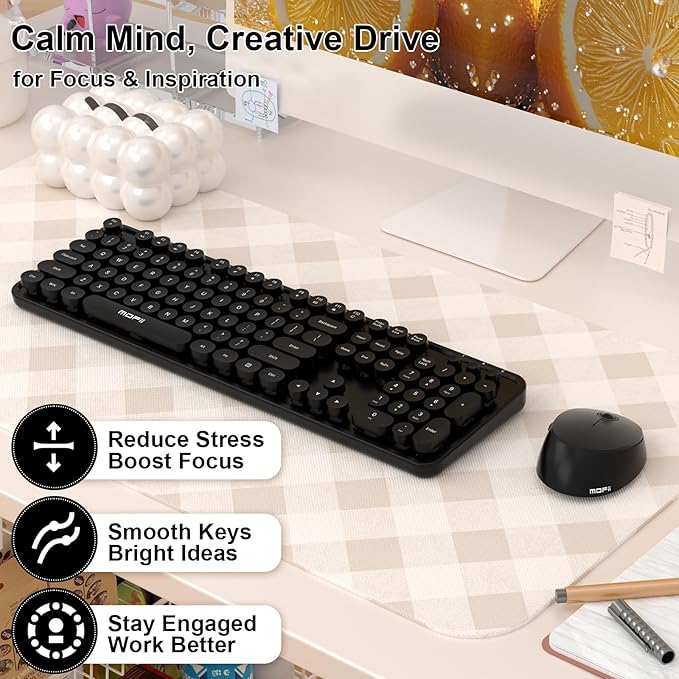 Wireless Keyboard and Mouse, COOFUN Cute Colorful 104 Keys Full Size Typewriter Keyboards Retro Cordless Key Board Ergonomic Keyboards and Mouse Wireless for Windows, PC, Laptop, Desktop (Black)