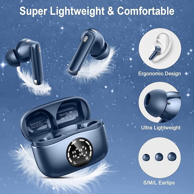 Wireless Earbuds, 2025 Bluetooth 5.4 Headphones NEW Ear Buds 40H Bass Stereo in-Ear Earphones ENC Noise Cancelling Earbuds with 4 HD Mic, USB-C LED Display IP7 Waterproof Sport Headset for Android iOS