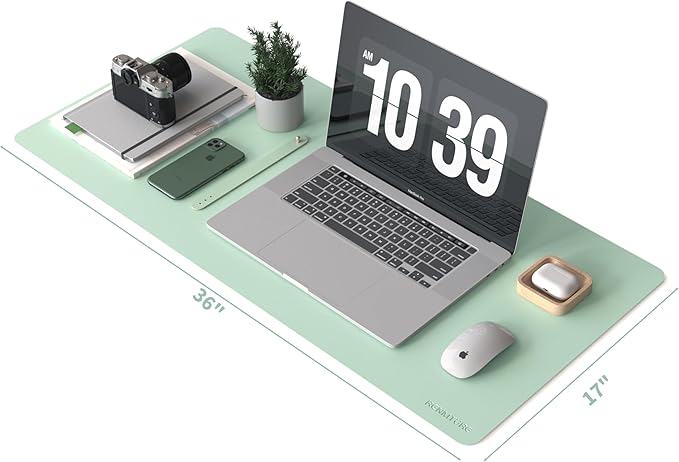 RENMTURE PU Mouse Pad, Faux Leather Large Desk Pad, Home Work Office Accessories, Non-Slip Desk Mat, Waterproof Gaming Pad Desk Blotter (36"x17", Mint Green)