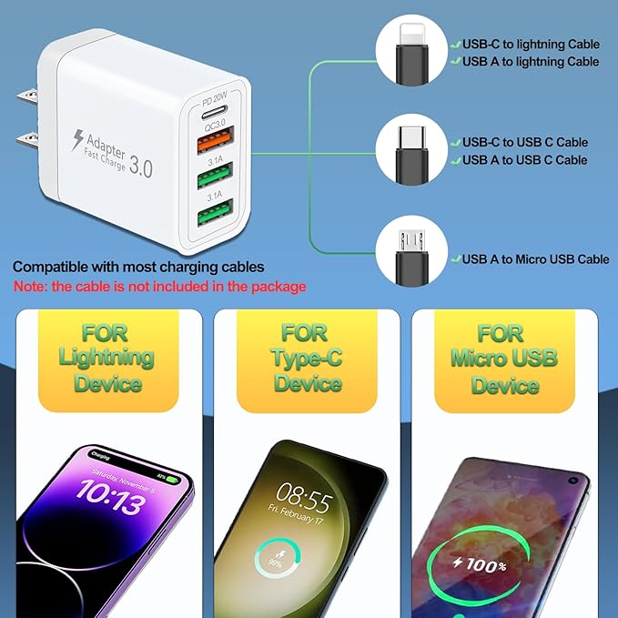 40W QC3.0 USB C Charger Block, CARZONJX 4 Port PD+QC Power Adapter Fast Charging Blocks USB C Wall Plug Multiport for iPhone 15 14 13 12 11 XS XR X 8, iPad, Galaxy, Tablet, Notebook