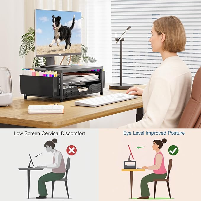 OPNICE Desk Organizers and Accessories, Computer Monitor Stand Riser with Drawer and 2 Pen Holders, Printer & Laptop Stand, Office Desk Accessories & Workspace Organizers for Home Office Supplies, Black
