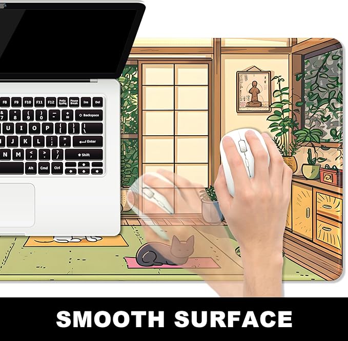 BOSOBO Large Mouse Pad, Extended XXL Desk Pad for Office & Home, Keyboard Mat, Full Cover Desktop Mat, Lofi Cats Yoga - 35.5 x 15.7 Inches