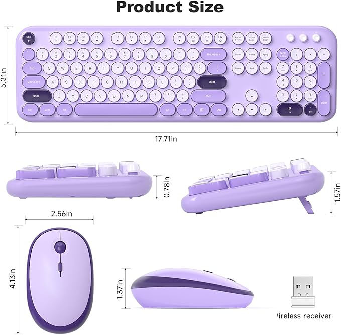 Wireless Keyboard and Mouse, 2.4Ghz USB Retro Full Size Typewriter Keyboard and Cute Mouse Combo for Windows 7/8/10, Laptop, Desktop, PC, Computer (Purple Colorful)