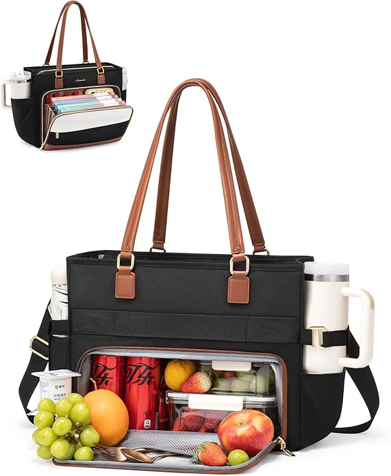 LOVEVOOK Teacher Tote Bag, Laptop Bag for Women with Large Cup Holder & Accordion File Area, Work Tote Bag for Business