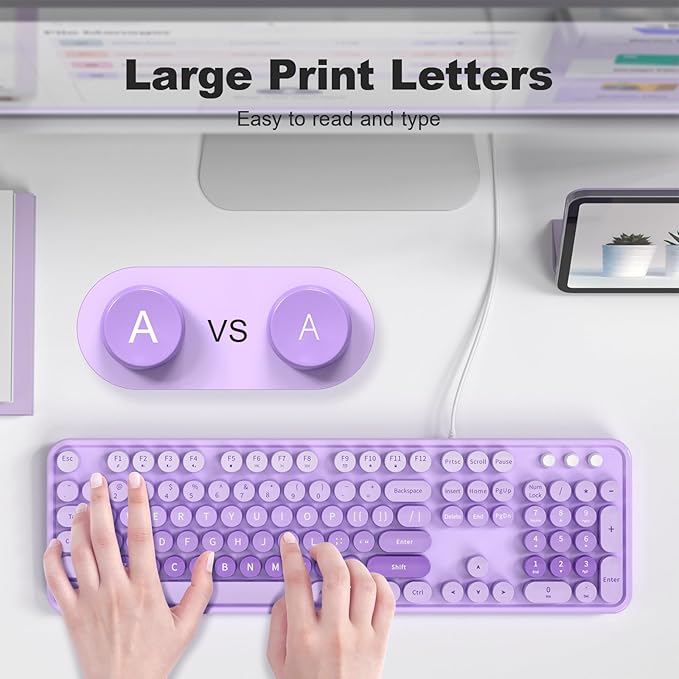 Large Print Wired Keyboard, 104 Keys Full-Sized Typewriter Keyboards, USB Plug and Play Office Keyboard with Number Pad, Caps Indicators, Foldable Stands for Windows, PC, Laptop
