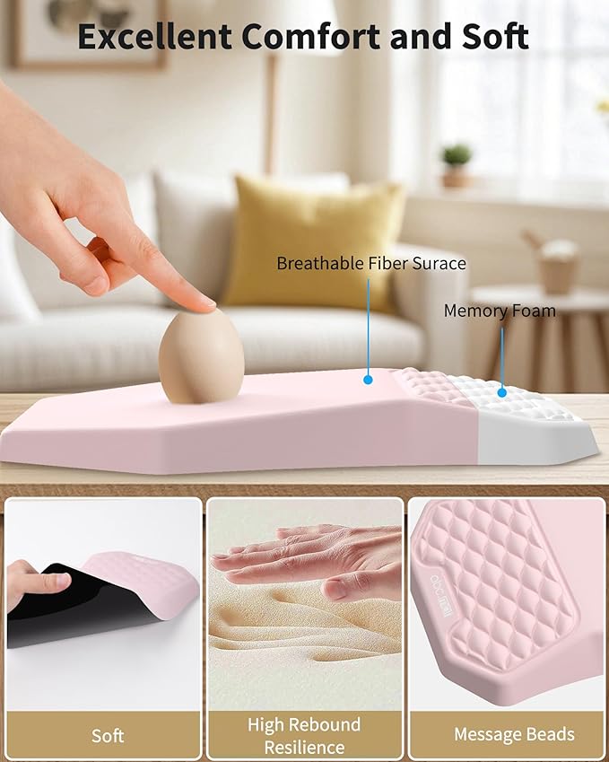 Ergonomic Mouse Pad Wrist Rest Support, Massage Design Surface for Carpal Tunnel Pain Relief, Memory Foam, Non-Slip PU Base for Computer Desk, Pink