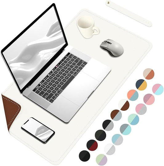 Bleswin Double-Sided Desk Mat, 23.6''×13.8'', PU Leather Mouse Pad, Waterproof Desk Pad, Laptop Leather Desk Mat, Protector for Keyboard and Mouse for Office and Home (White+Brown)