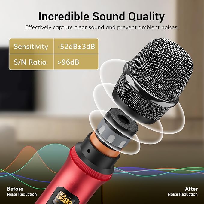 TONOR Wireless Microphones, Cordless Mic with Rechargeable Receiver, 200ft Range UHF Handheld Dynamic Microfonos Inalambricos Professional for Karaoke Singing Party Wedding Church TW630 Silver&Red