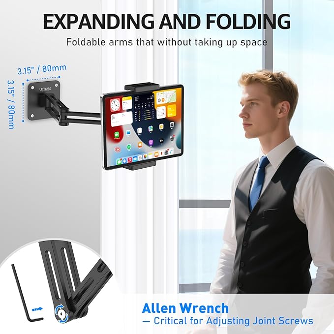 Adjustable Tablet Wall Mount, Aluminum iPad Wall Mount Holder with 360° Swivel, Extendable Wall Mount for 4.7-13" Phones & Tablets, Long Arm Foldable Bracket for iPad Pro/Air/Mini,Galaxy Tab, Kindle
