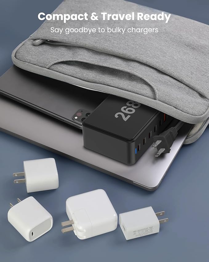 GEEKERA 268W 8-Port Fast Charging Station With 5 USB-C + 3 USB-A Ports, Portable Multiport Charging Block Wall Hub for iPhone 15 14 13 12 iPad Pro MacBook Galaxy Pixel Switch