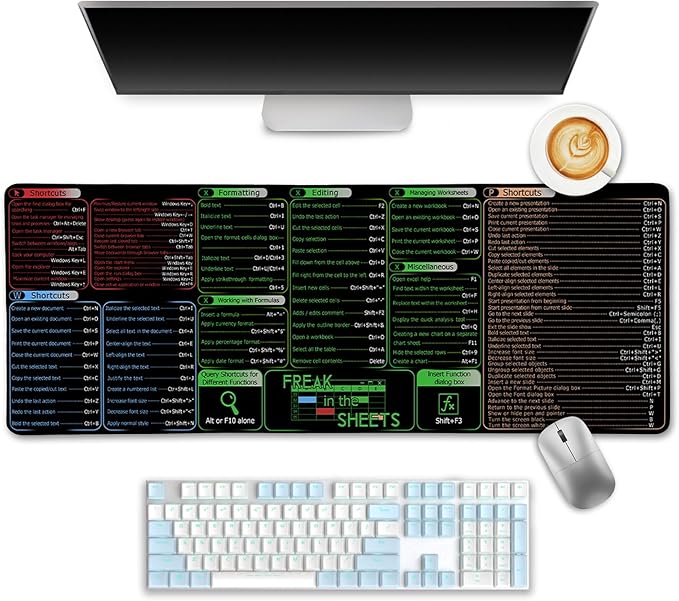 Office Software Excel Shortcuts Mouse Pad, Extended Large Cheat Sheet Mousepad, Mouse Pads for Desk Non-Slip, Keyboard Mouse Pad for Laptop Computer Work Office Desk Accessories 31.5x11.8 in