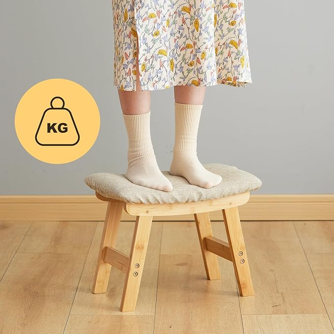 Foot Stool Ottoman Foot Rest Under Desk,Small Stool for Living Room, Bedroom and Kitchen (Natural Legs - Beige Stool Surface)