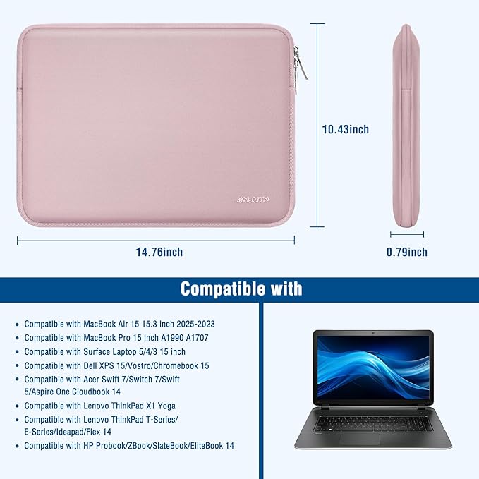 MOSISO Laptop Case 15 inch, 15 inch Laptop Sleeve Bag Compatible with MacBook Air M5 A3448 M4 A3241 M3 A3114 M2 A2941 2026-2023, Dell XPS, Neoprene Computer Sleeve Bag with Small Case, Baby Pink