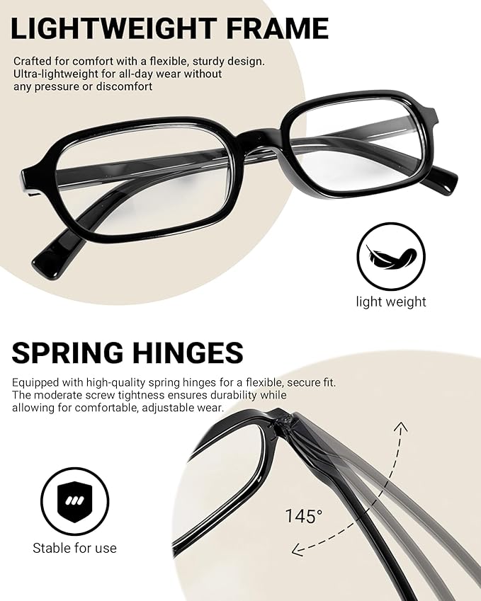 1 Pack Rectangle Blue Light Glasses for Women, Lightweight TR90 Small Frame with Spring Hinge for All-Day Comfort, Anti UV Glare & Eyestrain