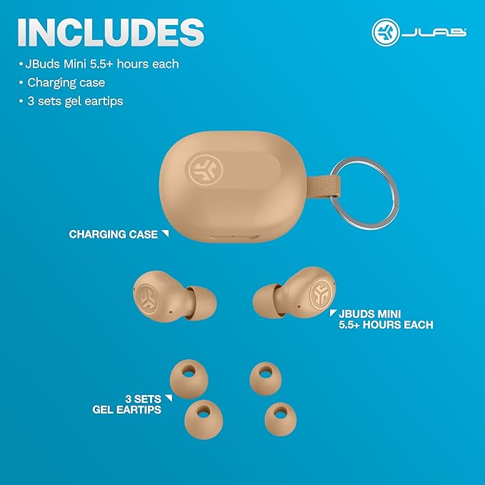 JLab JBuds Mini Tones True Wireless Bluetooth Earbuds with Charging Case, (728 N), IP55 Sweat and Dust Proof, Bluetooth Multipoint, Be Aware Audio, 3 EQ Sound Settings, Crystal Clear Calls
