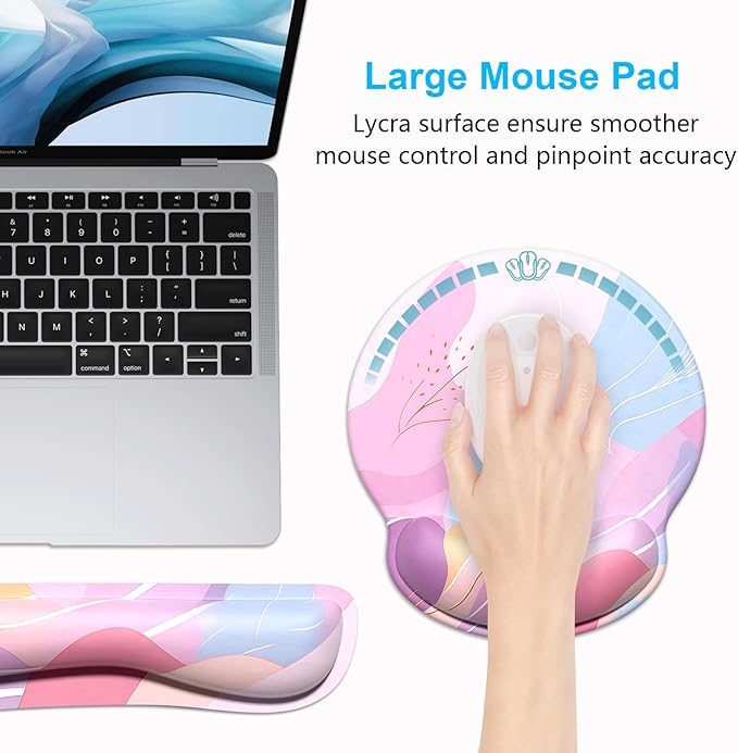 Dapesuom Keyboard Wrist Rest and Mouse Pad with Wrist Support, Cute Memory Foam Cushion for Keyboard and Mouse Set, Ergonomic Pad Rests with Non Slip Base for Easy Typing & Pain Relief, Colorful Art