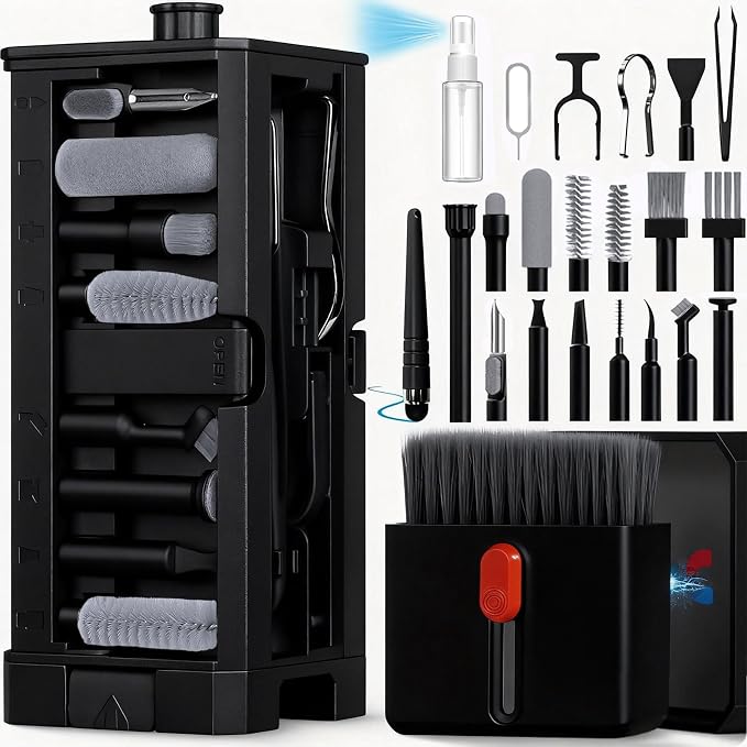 32 in 1 Cell Phone Cleaning kit with Charging Port Cleaner,Stylus Pen,SIM Tool,Keyboard Brush,Speaker Brush,Electronic Cleaning kit for iPhone,AirPods,iPad,Keyboard,MacBook,Earbud,Camera Lens(Black) by Inesore