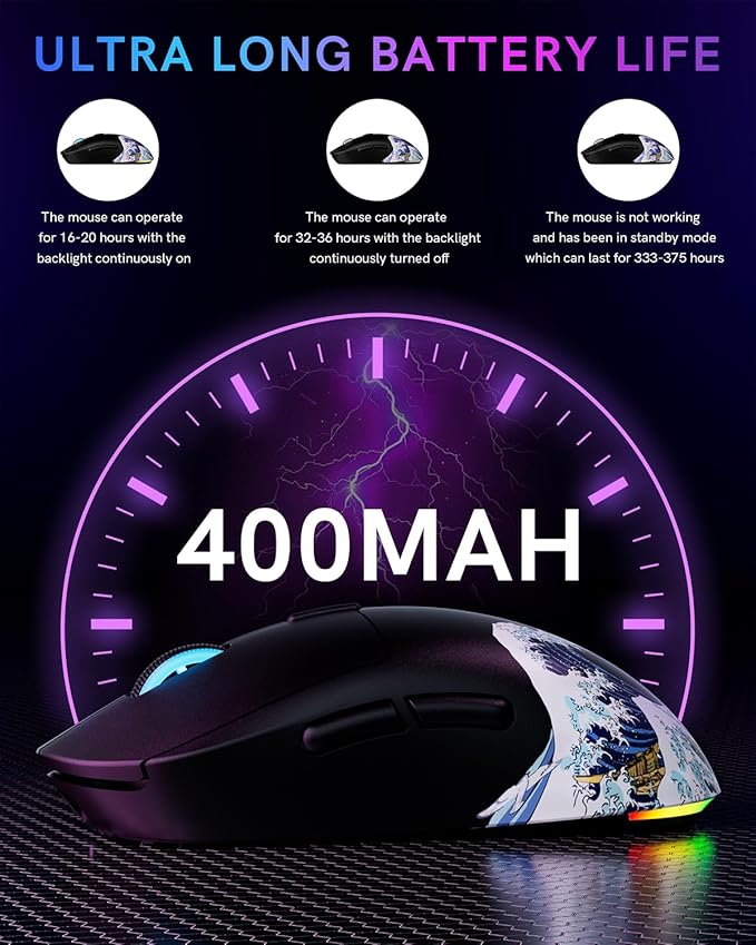 G57 Wireless Gaming Mouse, 8000 DPI, 80g, 2.4G/Bluetooth/USB-C Rechargeable Wireless Mouse with 5 Programmable Buttons for PC/Mac, Black