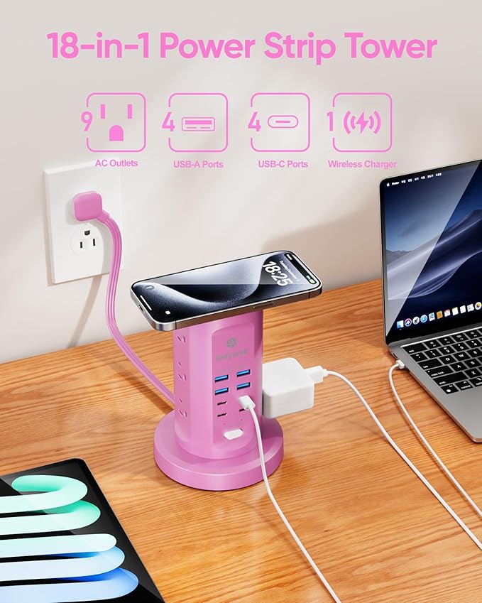 Power Strip Tower, kakyanill Surge Protector Tower 9 AC Outlets 8 USB (4 USB C), 6 Ft Retractable Extension Cord, Charging Station for Office Dorm Room, Purple