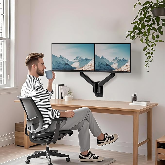WALI Dual Monitor Wall Mount for 17 to 32 inch Screens, Monitor Wall Mounts for 2 Monitors, Holds up to 22 lbs, Fully Adjustable Monitor Arm,75x75/100x100 VESA Wall Mount (GSWM002), Black