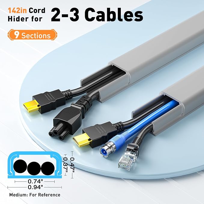 Delamu Cord Hider, 142in Cable Hider, Cord Covers for 2-3 Wires on Wall, Wire Covers for Cords, Wire Hiders for TV on Wall, Easier Setup Cable Cover Cable Management, W0.94 H0.47in, Grey - Image 2