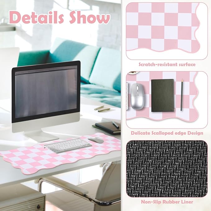 1 Pcs Pink Scalloped Checkered Desk Mat 31.5 x 11.8 Inch Large Cute Mouse Pad Computer Mat Non Slip Waterproof Rubber Base with Border Stitching Soft Keyboard Pad for Home Office Gaming Makeup