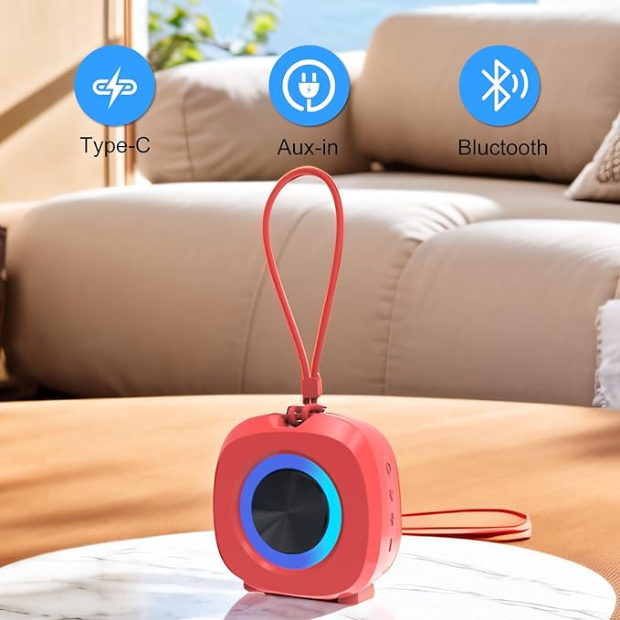 Speaker, Small Portable Bluetooth Wireless IPX5 Waterproof Shower Speaker,Loud Stereo Sound Deep Bass,Dual Pairing, RGB Lights,Long Playtime for Outdoor Party, Great Gift,1PC (Red)