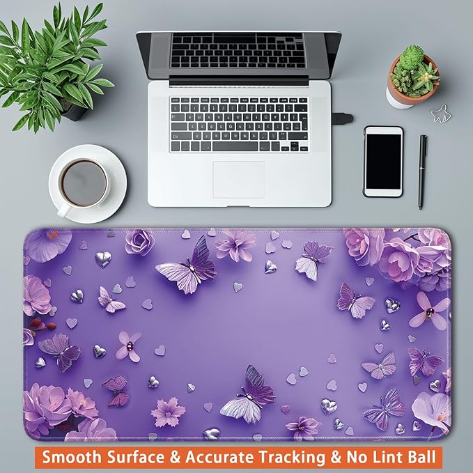 Desk Pad Protector, Office Desk Mat, Large Mouse Pad, Non-Slip Desk Blotter, 23.6x11.8 inch, Purple Butterfly