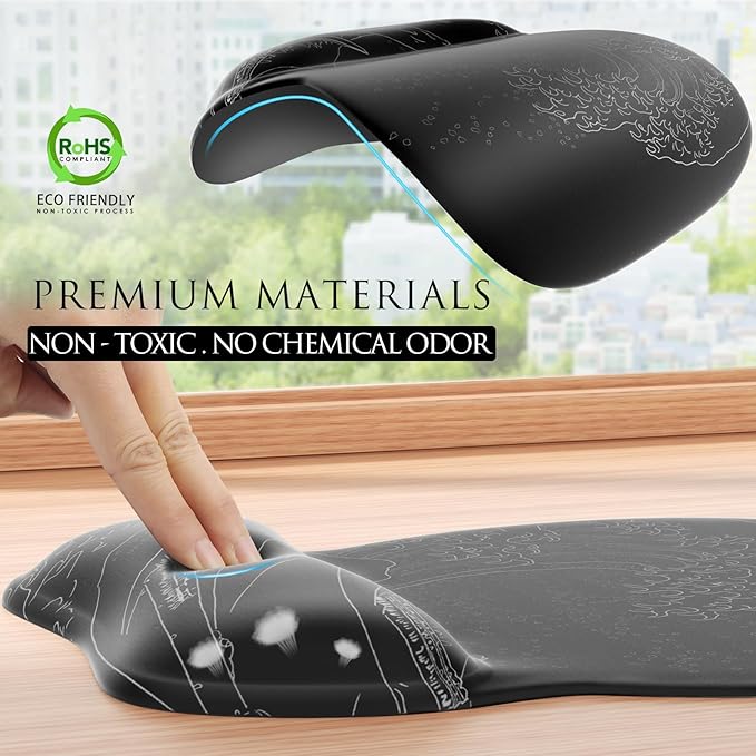 MROCO Ergonomic Mouse Pad with Gel Wrist Rest, Smooth Wrist Support Surface, Non-Slip PU Base for Pain Relief, Comfortable Mousepad for Computer, Laptop, Office & Home, 9.4 x 8.1 in, Kanagawa Wave
