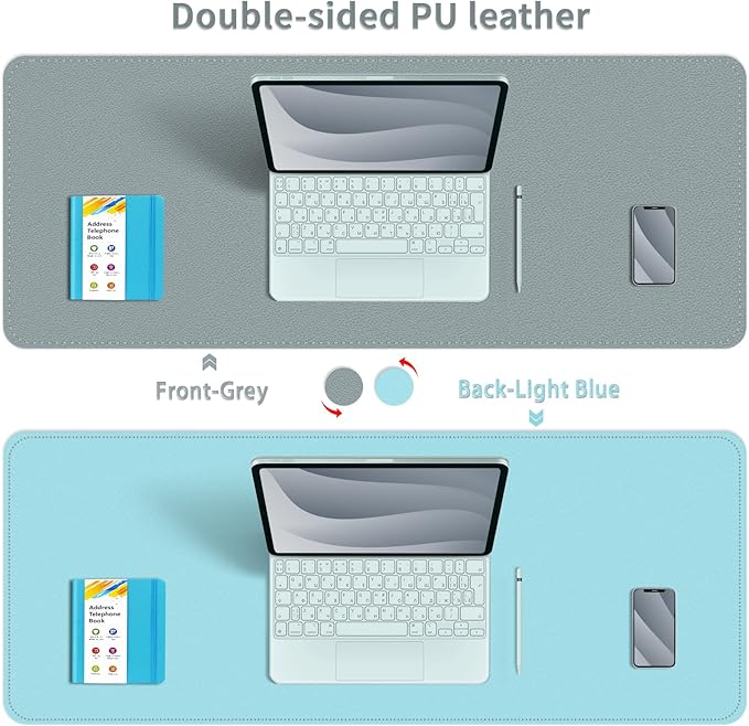 Bleswin Multifunctional Large Desk Mat, Double Sided Computer Desk pad, Extended Mouse Mat, Office Desk Protector with Waterproof PU Leather, 35.4''×16.9'', Office Home Writing Pad (Grey+Light Blue)