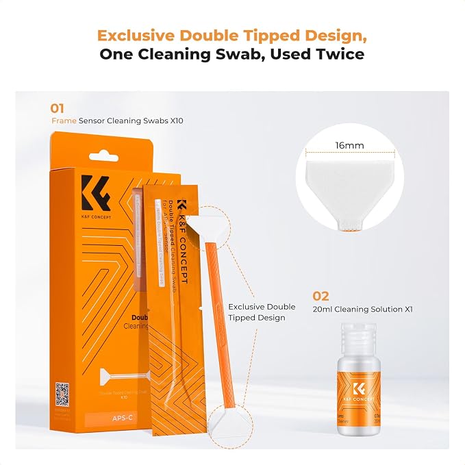 K&F Concept 16mm APS-C Sensor Cleaning Kit, Mirrorless Digital Camera Lens Cleaner Kit - 20ml Sensor Cleaner & 10 X Double-Tipped Sensor Cleaning Swabs for APS-C Type CMOS & CCD Sensors - Image 2