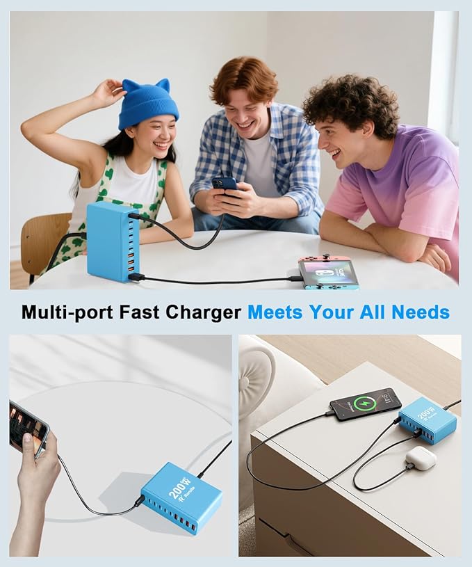 USB C Charging Station 10 Port with 4 USB Cables, 200W GaN Type C Charger Block, Wall Charger Power Strip Adapter Plug for iPad iPhone17 16 15 14 13 12 Pro Max Pixel Note Galaxy