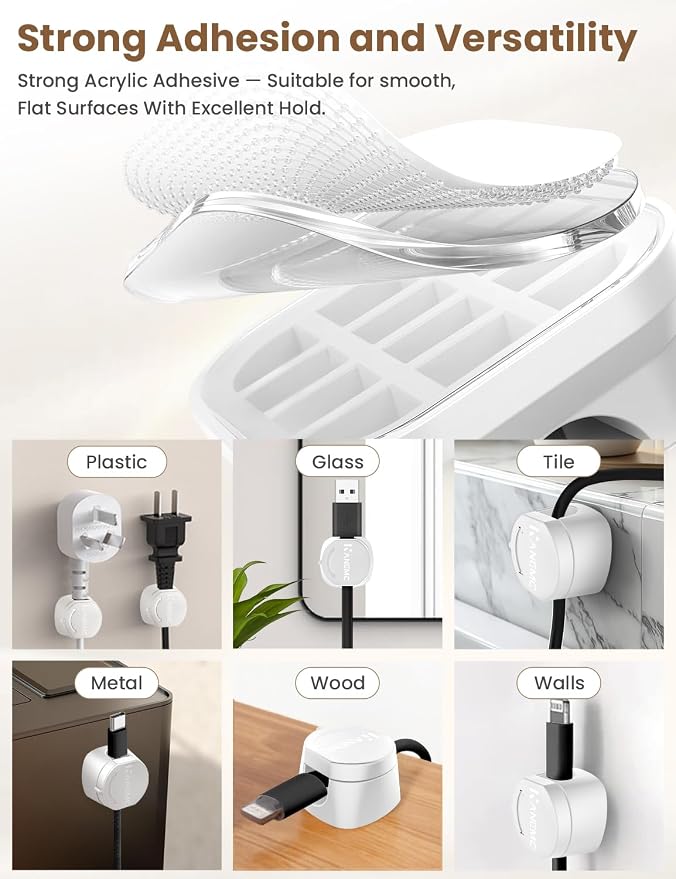 Kanemc Cable Clips Cord Holder for Desk, 360?? Spin Magnetic Wire Organizer Self Adhesive Cord Management for Office Desks Cars Home Kitchen Electronic Accessory (White, 9 PCS) - Image 6
