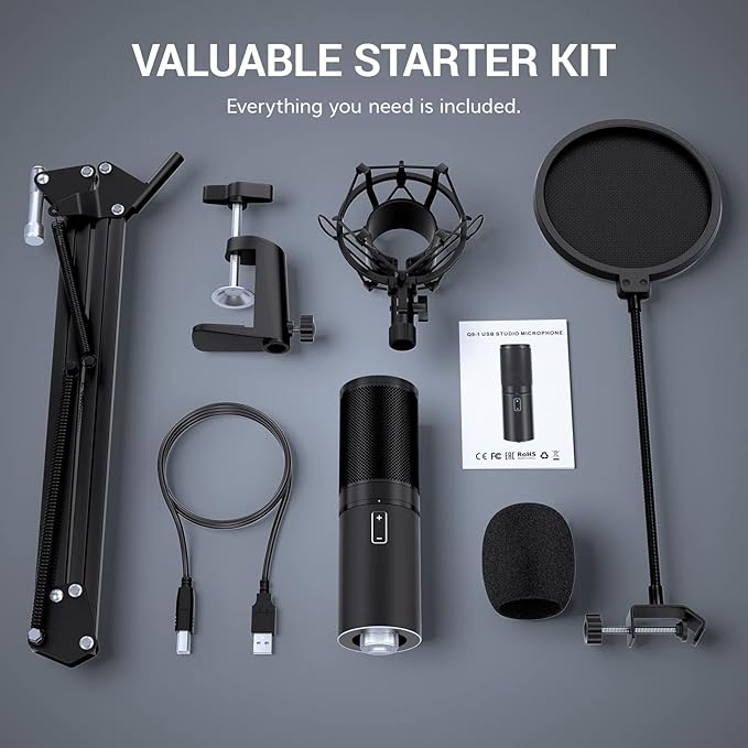 TONOR USB Podcast Microphone, Gaming PC Studio Streaming Mic Kit for Gamer, Recording Condenser Equipment Cardioid Microfono for Singing, YouTube, 200 cm/78inch Cable, with Adjustable Arm Stand, Q9